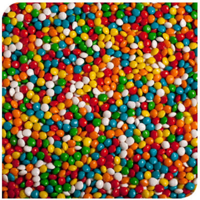 A variety of small, chewy fruit candies in bright colours, including red, orange, yellow, green, blue, and white, with a logo.