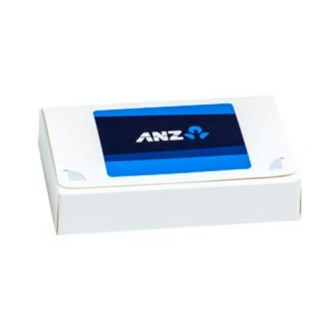 A white box containing mints, featuring a blue and black logo on the top.