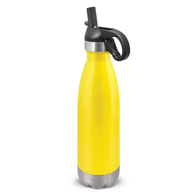 A drink bottle with a sleek yellow body, flip lid, and stainless steel bottom accent. It features a logo.