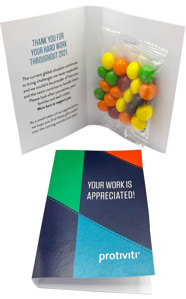 A gift card with a 25g bag of colourful Skittles, enclosed in a branded card.