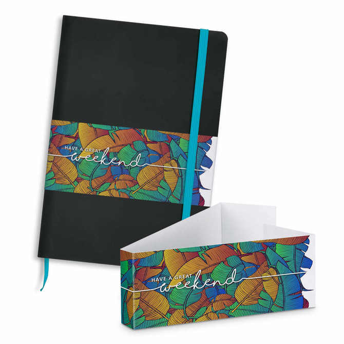 A black notebook with a colourful patterned band, featuring a matching box for packaging.