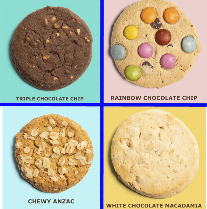 Four cookie varieties displayed on a pastel background: Triple Chocolate Chip, Rainbow Chocolate Chip, Chewy Anzac, and White Chocolate Macadamia.