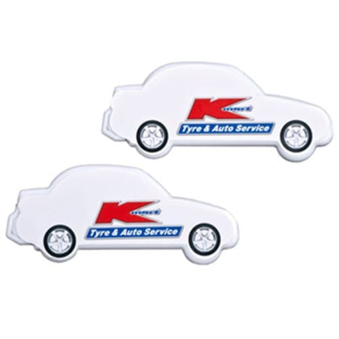 A car-shaped mint card in white, featuring a logo and wheels design. Two pieces are displayed together.
