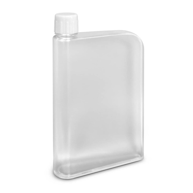 A drink bottle in a transparent design with a white screw cap, featuring a smooth, rectangular shape.