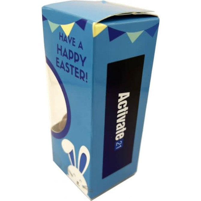 A chocolate product packaged in a blue box with a rabbit design and a clear window. It features a colourful header card.