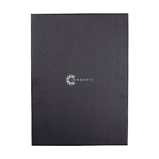 A black box featuring a logo, likely containing an umbrella and tumbler gift set.