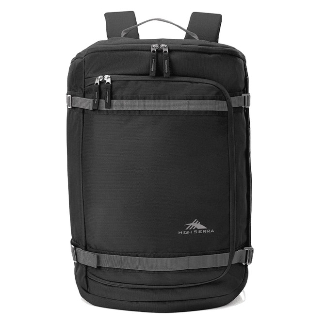 A black travel backpack with multiple zippered compartments and adjustable straps. It features a logo on the front.