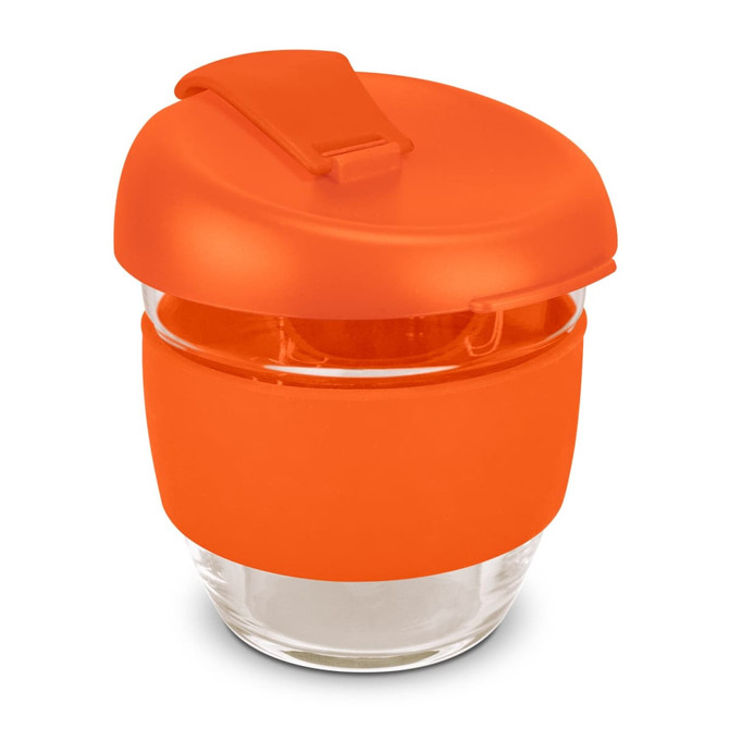 A drink bottle with an orange silicone lid and base, featuring a clear borosilicate glass body.