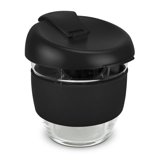 A drink bottle featuring a black silicone lid and sleeve, made of clear borosilicate glass, with a sleek design.