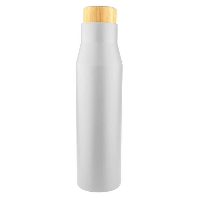 A drink bottle in a matte grey finish with a bamboo lid. It features a sleek, modern design and has a logo.