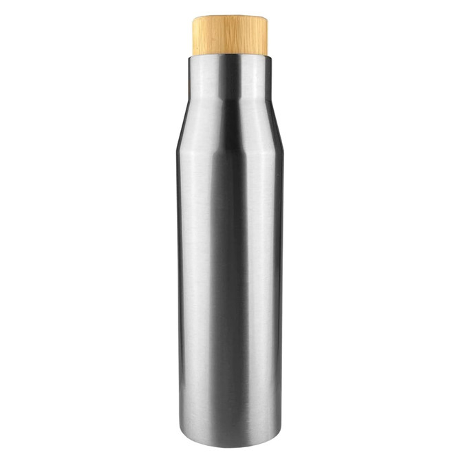 A drink bottle with a sleek stainless steel body and a natural bamboo cap. It features a logo on the surface.