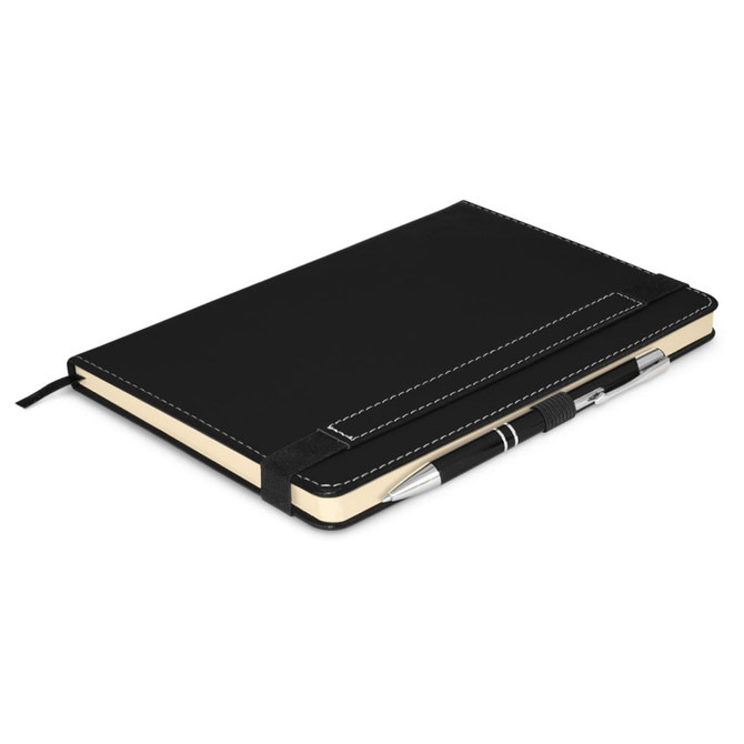 A black notebook with a pen attached, featuring a sleek design and elastic closure.