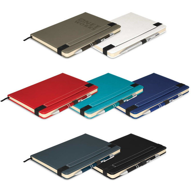 A collection of notebooks in various colours, each with a pen and an elastic band closure, featuring a logo.