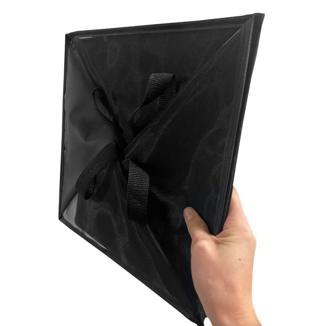 A black laundry basket with a triangular shape and handles, made of durable material. It features a logo.