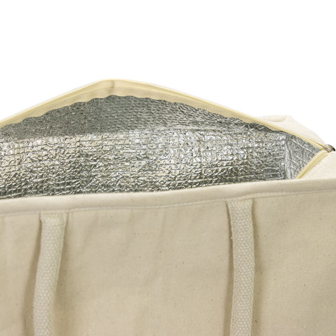 A cream-coloured cooler tote with a silver insulated interior and sturdy handles. It has a zippered opening.