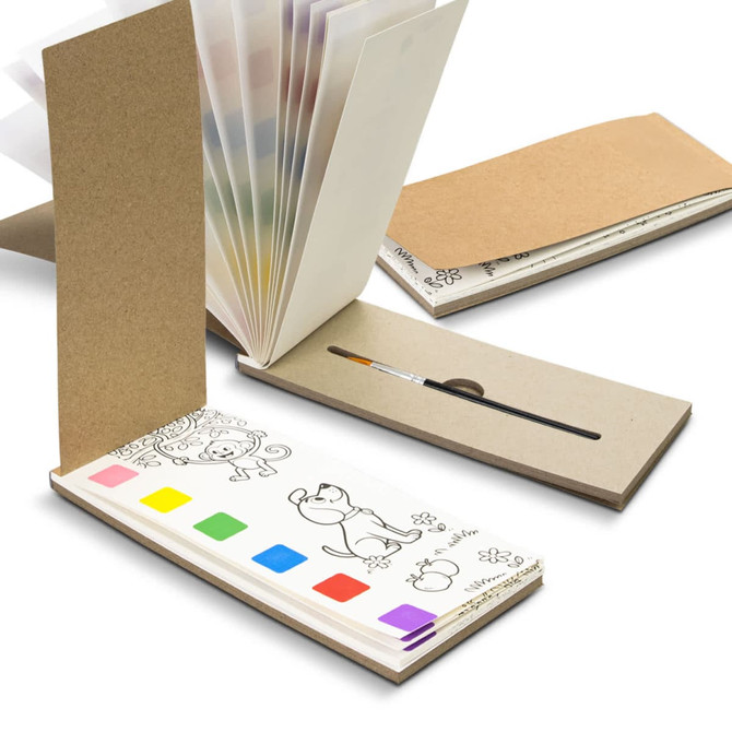Aquarelle Watercolour Bookmark Pad featuring multiple sheets, a paintbrush, and coloured paint splotches in pink, yellow, green, and purple.