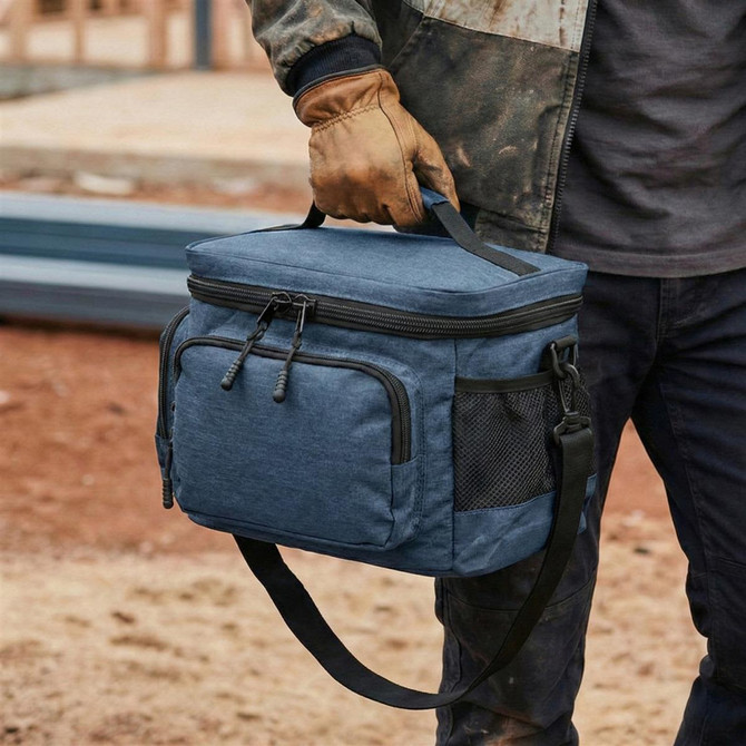 A blue lunch cooler bag with a handle and shoulder strap, featuring pockets and zippers, held by a gloved hand.