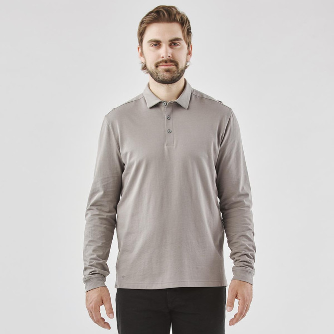 A long-sleeved grey polo shirt for men with a collar and a branding logo.
