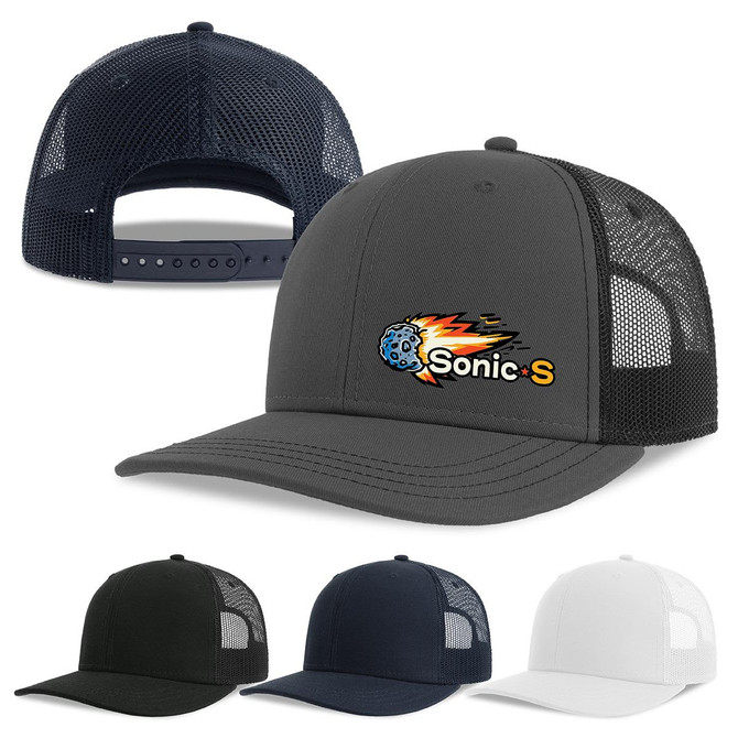 A grey organic/recycled trucker cap with a mesh back, featuring a logo, available in black, navy, and white options.