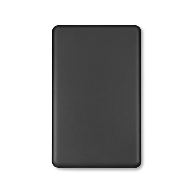 A black solid state power bank with a sleek, rectangular design and a logo on the surface.