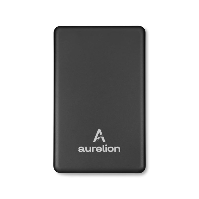 A solid black power bank with a logo on the front, designed for charging electronic devices.