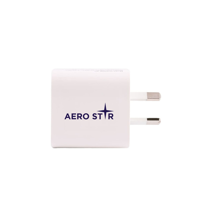 A white power adapter with two prongs and a logo on the front.