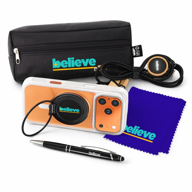 A black tech pack containing headphones, a smartphone, a cleaning cloth, and a pen with branding.