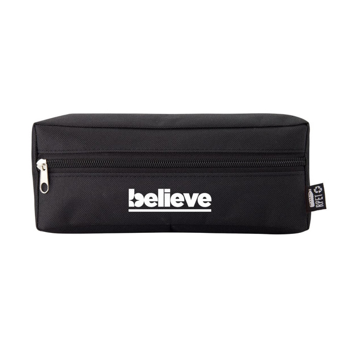A black rectangular pencil case with a zip closure and a logo feature.