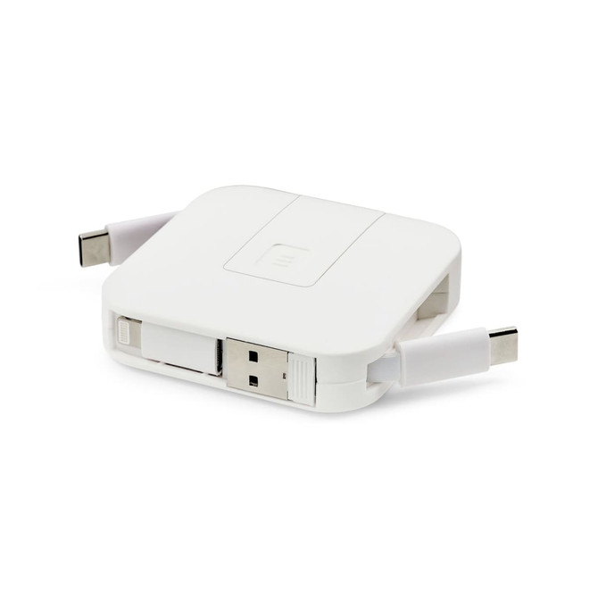 A white multi-port travel charger with retractable cables and a compact design. It features USB and USB-C connections.