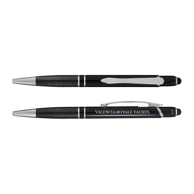 A black pen with a sleek design features a textured grip and a silver clip, along with branding on the side.