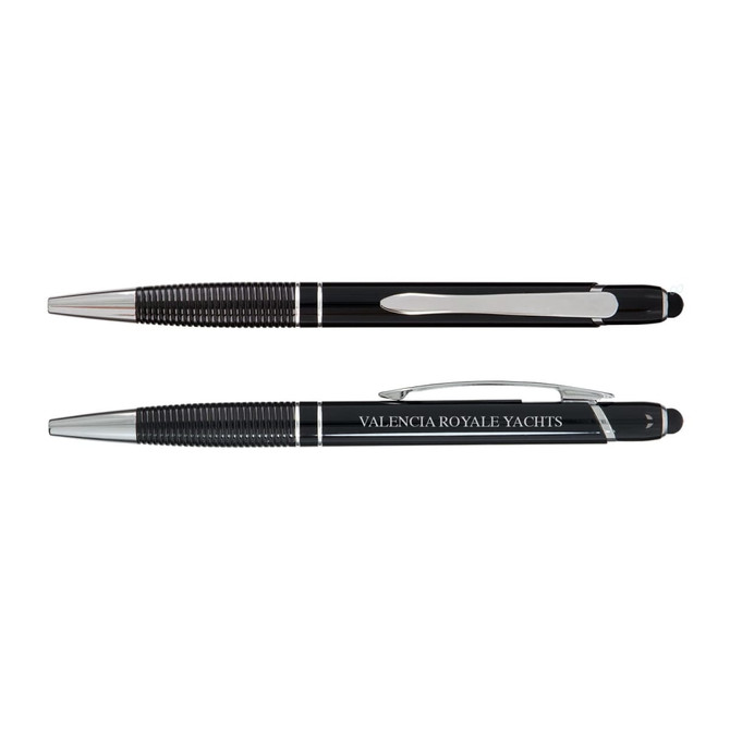 A set of black pens with chrome accents, featuring a branding logo on one of the pens.