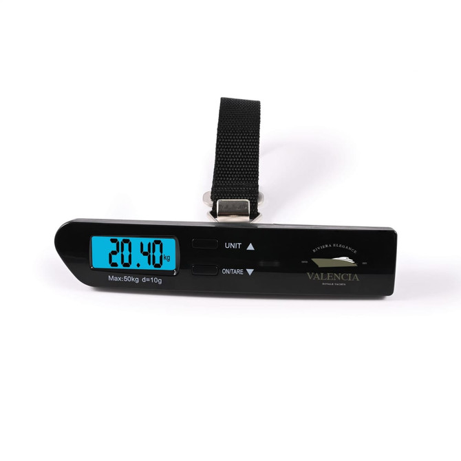A digital luggage scale in black with a blue display showing a weight of 20.40 kg. It features a strap for easy use.