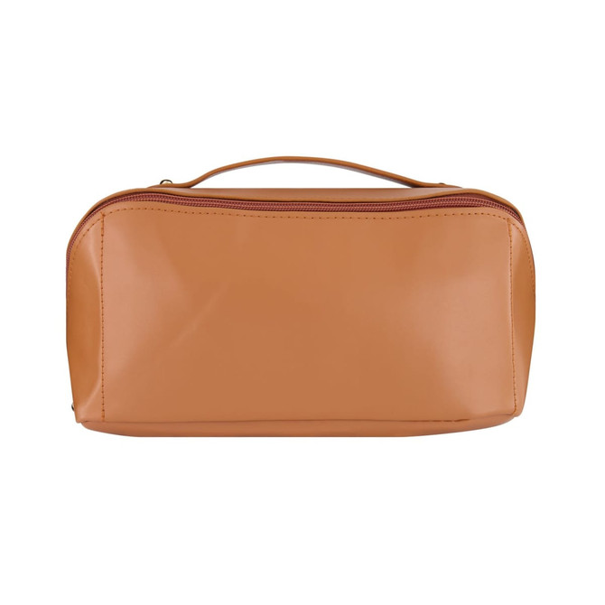 A tan travel bag with a zip closure and a handle on top. The bag has a glossy finish and a simple design.