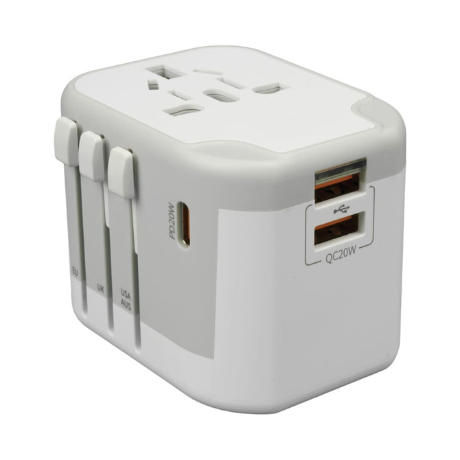 A white travel power adapter with multiple plug options and USB ports for charging devices.