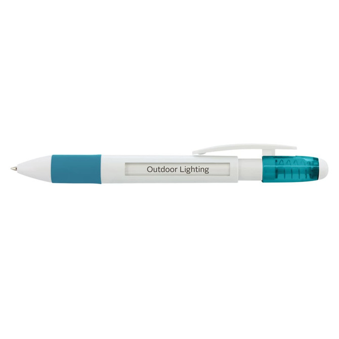 A plastic pen featuring a turquoise grip and a transparent section displaying the text "Outdoor Lighting."