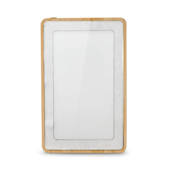 A power bank with a bamboo frame and smooth white surface, featuring a logo on the front.