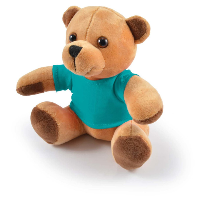 A plush teddy bear in brown with a turquoise shirt, featuring button-like eyes and a soft, cuddly body.