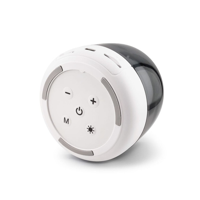 A round Dazzle RGB Speaker in white and black, featuring control buttons and a logo.