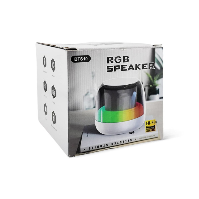 A box for a Dazzle RGB Speaker featuring a sleek design with multicoloured LED lighting and a logo.