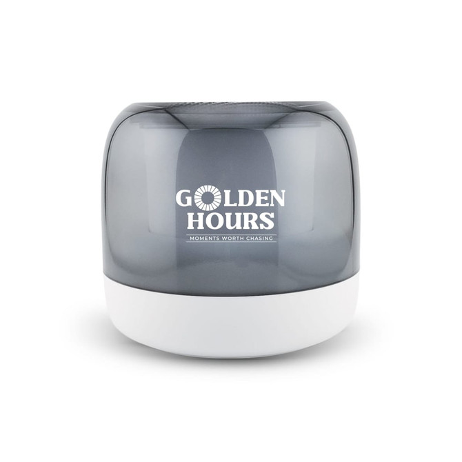 A grey and white speaker with a rounded design and a logo on the front. 