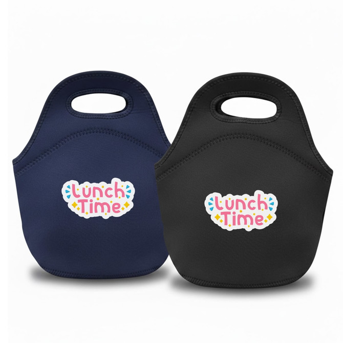 A neoprene lunch bag in navy and black, featuring a logo on the front.