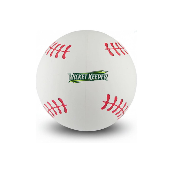 A white high-bounce baseball featuring red stitching and a logo.