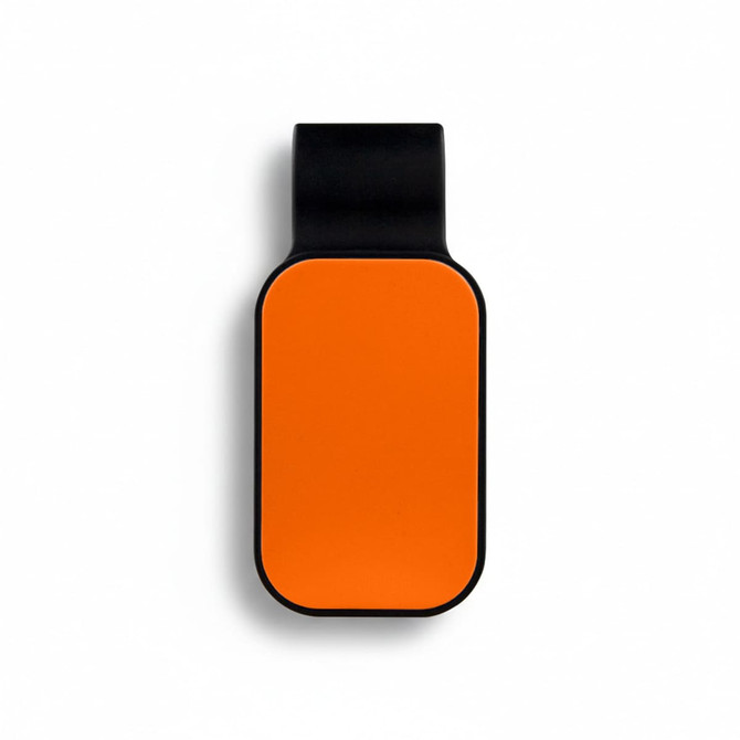 An orange and black car visor sunglass holder with a smooth, rounded design. It features a logo.