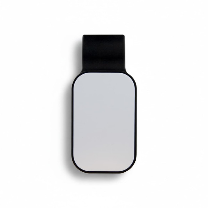 A black car visor sunglass holder with a smooth, reflective surface and a minimalistic design.