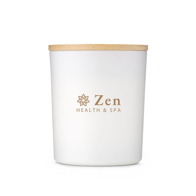 A white candle jar with a wooden lid, featuring a logo and branding for "Zen Health & Spa."