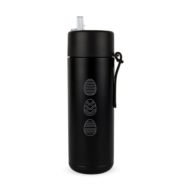A drink bottle in black with a logo and decorative designs of eggs. It features a straw and a carrying strap.