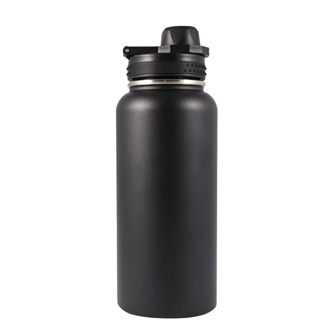 A drink bottle in matte black finish with a screw-on lid and a built-in spout, featuring a logo.