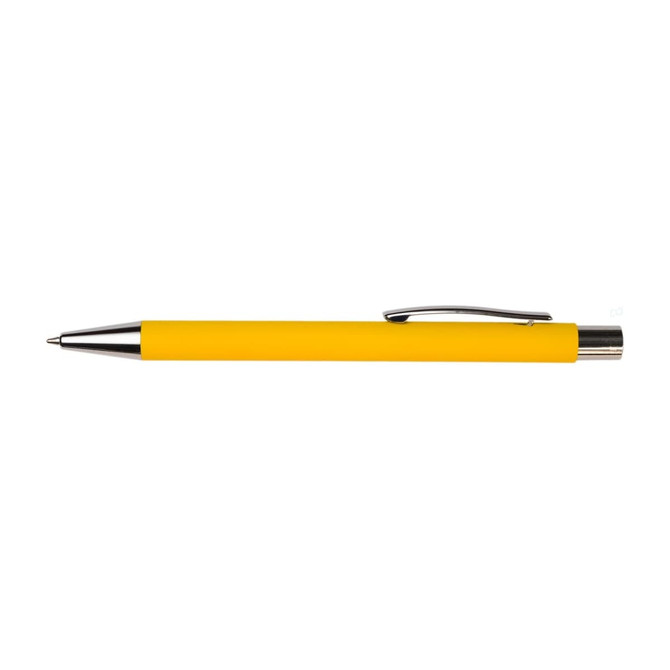 A yellow pen with a silver clip and a sleek design, featuring a branding logo.