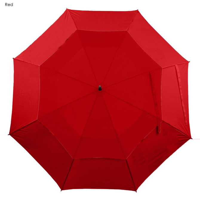 A red umbrella with a large canopy, featuring eight panels and a central handle. It has a simple design and a logo.
