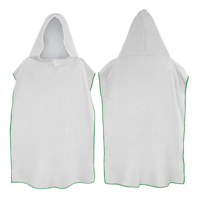 A white adult hooded towel with green trim, featuring a spacious design and a hood. It has a logo on it.